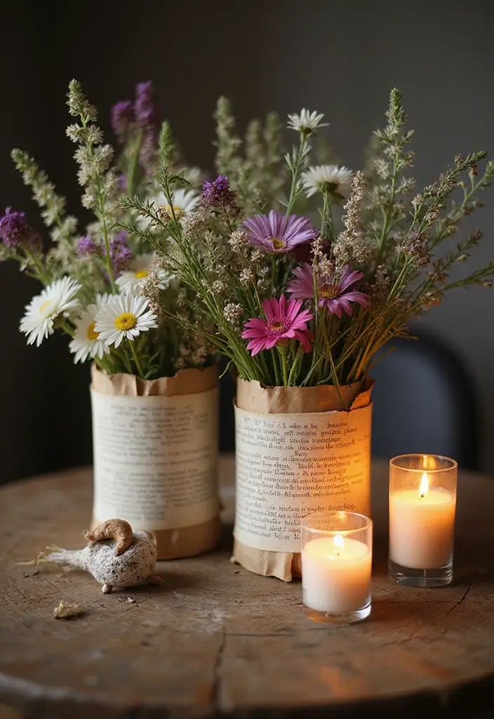 25 Rustic Farmhouse Decor Ideas with Candles and Vases for Country Charm 30 25 Rustic Farmhouse Decor Ideas with Candles and Vases for Country Charm - 12. Rustic Book Page Vases