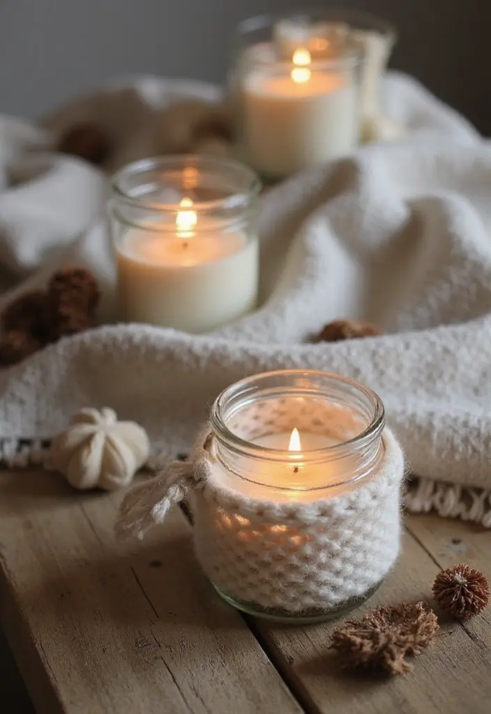 25 Rustic Farmhouse Decor Ideas with Candles and Vases for Country Charm 33 25 Rustic Farmhouse Decor Ideas with Candles and Vases for Country Charm - 13. Soft Knit Candle Wraps