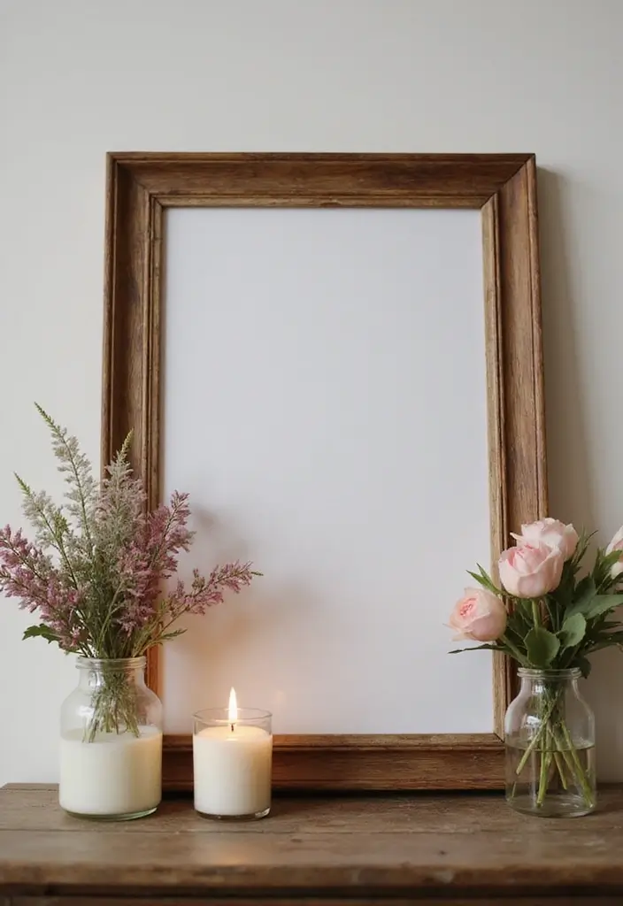 25 Rustic Farmhouse Decor Ideas with Candles and Vases for Country Charm 43 25 Rustic Farmhouse Decor Ideas with Candles and Vases for Country Charm - 15. Rustic Picture Frames and Candles