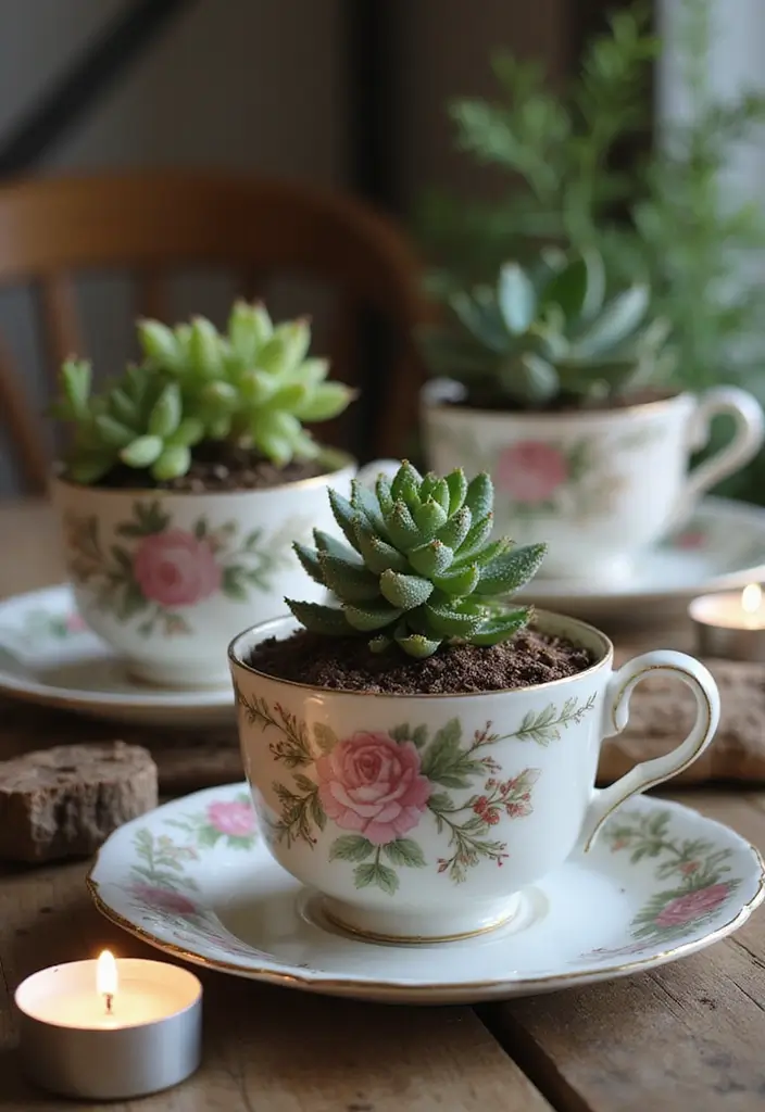 25 Rustic Farmhouse Decor Ideas with Candles and Vases for Country Charm 44 25 Rustic Farmhouse Decor Ideas with Candles and Vases for Country Charm - 16. Succulents in Teacups