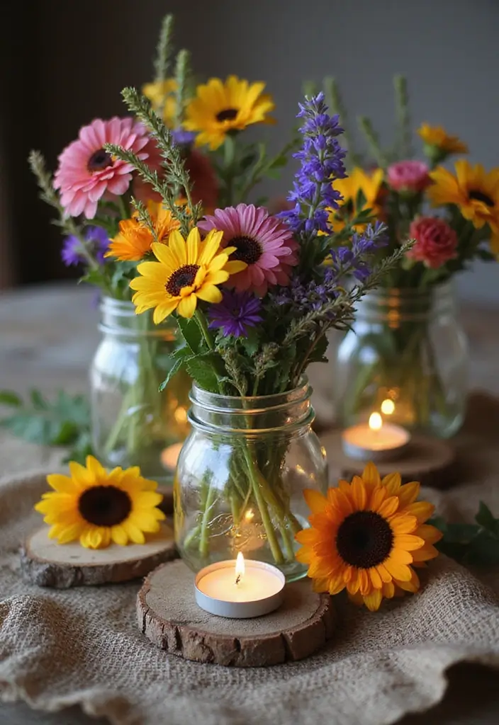 25 Rustic Farmhouse Decor Ideas with Candles and Vases for Country Charm 2 25 Rustic Farmhouse Decor Ideas with Candles and Vases for Country Charm - 2. Mason Jar Vases with Tea Lights