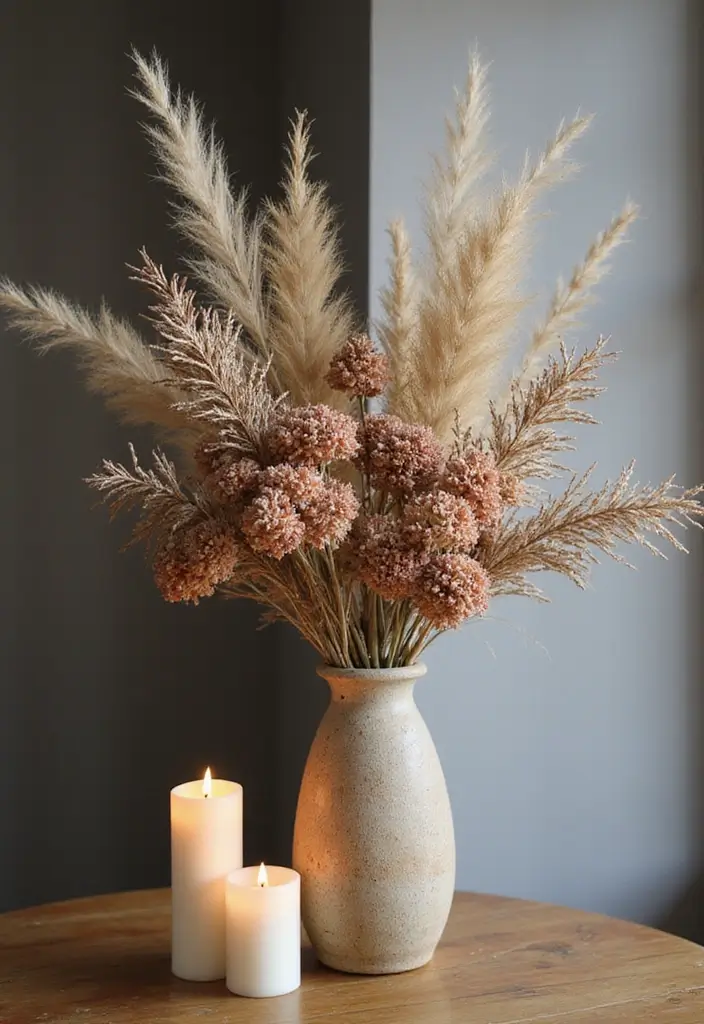 25 Rustic Farmhouse Decor Ideas with Candles and Vases for Country Charm 62 25 Rustic Farmhouse Decor Ideas with Candles and Vases for Country Charm - 20. Dried Flower Arrangements with Candles