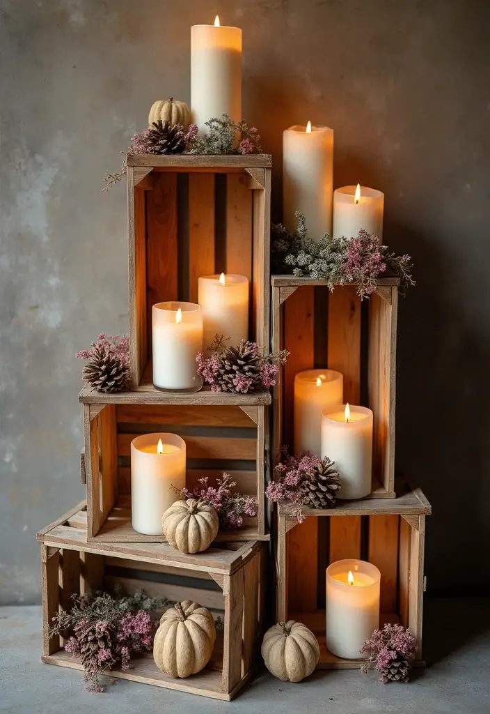 25 Rustic Farmhouse Decor Ideas with Candles and Vases for Country Charm 5 25 Rustic Farmhouse Decor Ideas with Candles and Vases for Country Charm - 3. Wooden Crates with Candle Arrangements