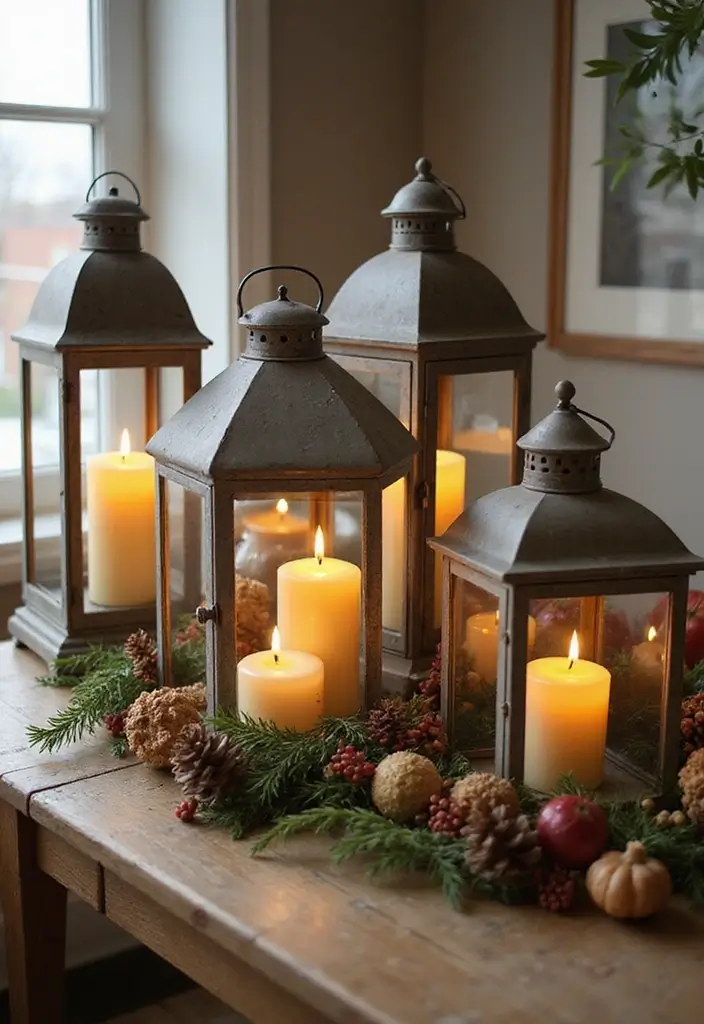 25 Rustic Farmhouse Decor Ideas with Candles and Vases for Country Charm 13 25 Rustic Farmhouse Decor Ideas with Candles and Vases for Country Charm - 5. Lanterns with Pillar Candles