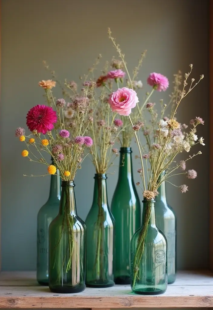 25 Rustic Farmhouse Decor Ideas with Candles and Vases for Country Charm 14 25 Rustic Farmhouse Decor Ideas with Candles and Vases for Country Charm - 6. Repurposed Bottles as Vases