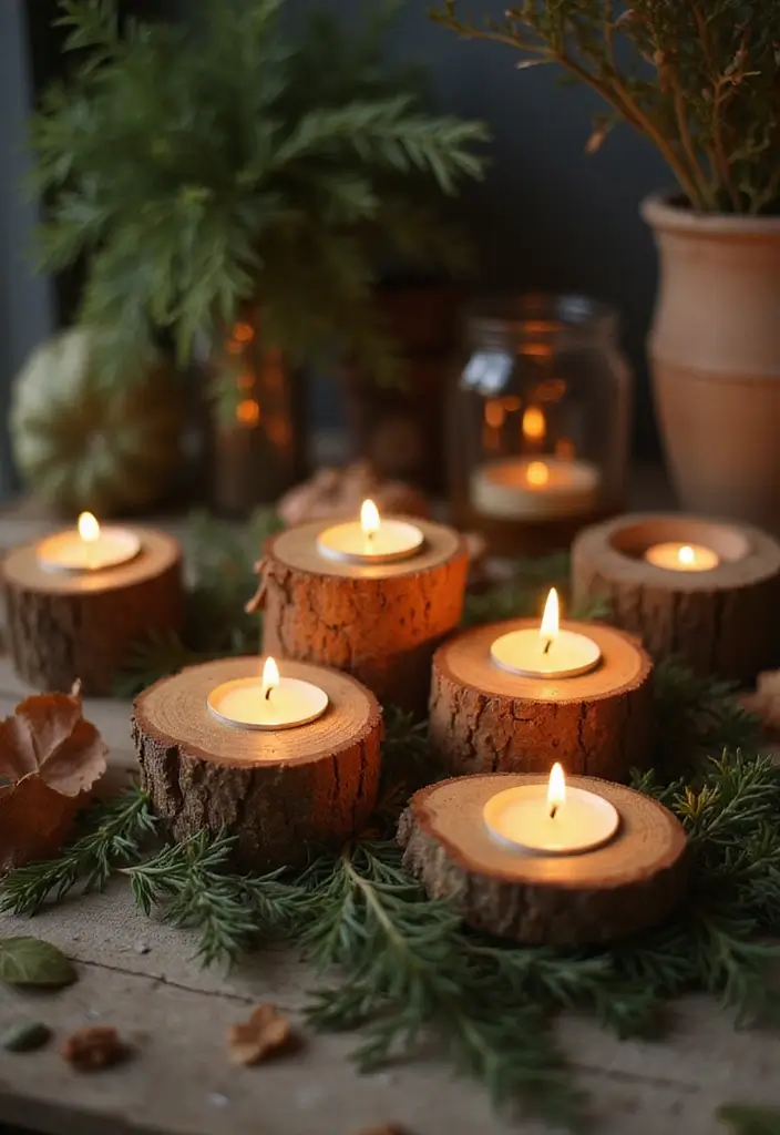 25 Rustic Farmhouse Decor Ideas with Candles and Vases for Country Charm 15 25 Rustic Farmhouse Decor Ideas with Candles and Vases for Country Charm - 7. Natural Wood Candle Holders