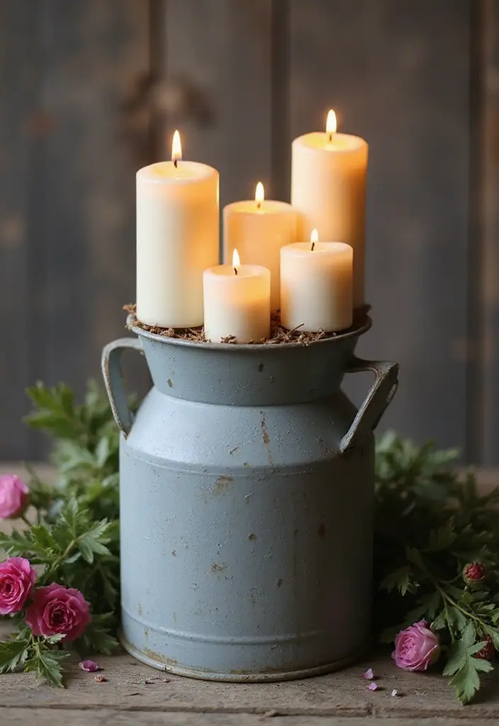25 Rustic Farmhouse Decor Ideas with Candles and Vases for Country Charm 21 25 Rustic Farmhouse Decor Ideas with Candles and Vases for Country Charm - 9. Vintage Milk Cans as Candle Holders