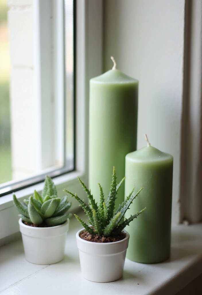 25 Sage Green Candle Decor Ideas for Calm and Trendy Spaces 36 25 Sage Green Candle Decor Ideas for Calm and Trendy Spaces - 10. Sage Green Candle and Succulent Combo