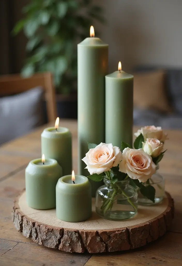 25 Sage Green Candle Decor Ideas for Calm and Trendy Spaces 13 25 Sage Green Candle Decor Ideas for Calm and Trendy Spaces - 5. Rustic Wood Candle Display