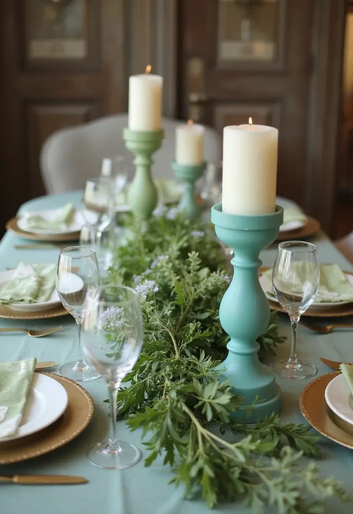 25 Turquoise Candle Holder Decor Ideas That Pop with Color 1 25 Turquoise Candle Holder Decor Ideas That Pop with Color - 1. Sage Green and Turquoise Table Centerpiece