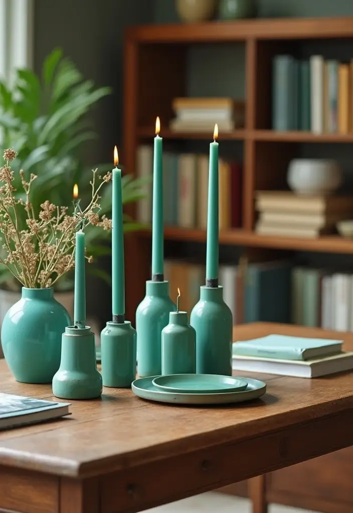 25 Turquoise Candle Holder Decor Ideas That Pop with Color 29 25 Turquoise Candle Holder Decor Ideas That Pop with Color - 13. Layered Coffee Table Display