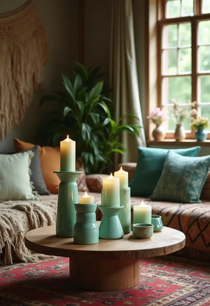 25 Turquoise Candle Holder Decor Ideas That Pop with Color 2 25 Turquoise Candle Holder Decor Ideas That Pop with Color - 2. Bohemian-Inspired Lounge Area