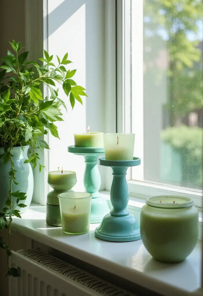 25 Turquoise Candle Holder Decor Ideas That Pop with Color 10 25 Turquoise Candle Holder Decor Ideas That Pop with Color - 4. Vibrant Window Sill Arrangement
