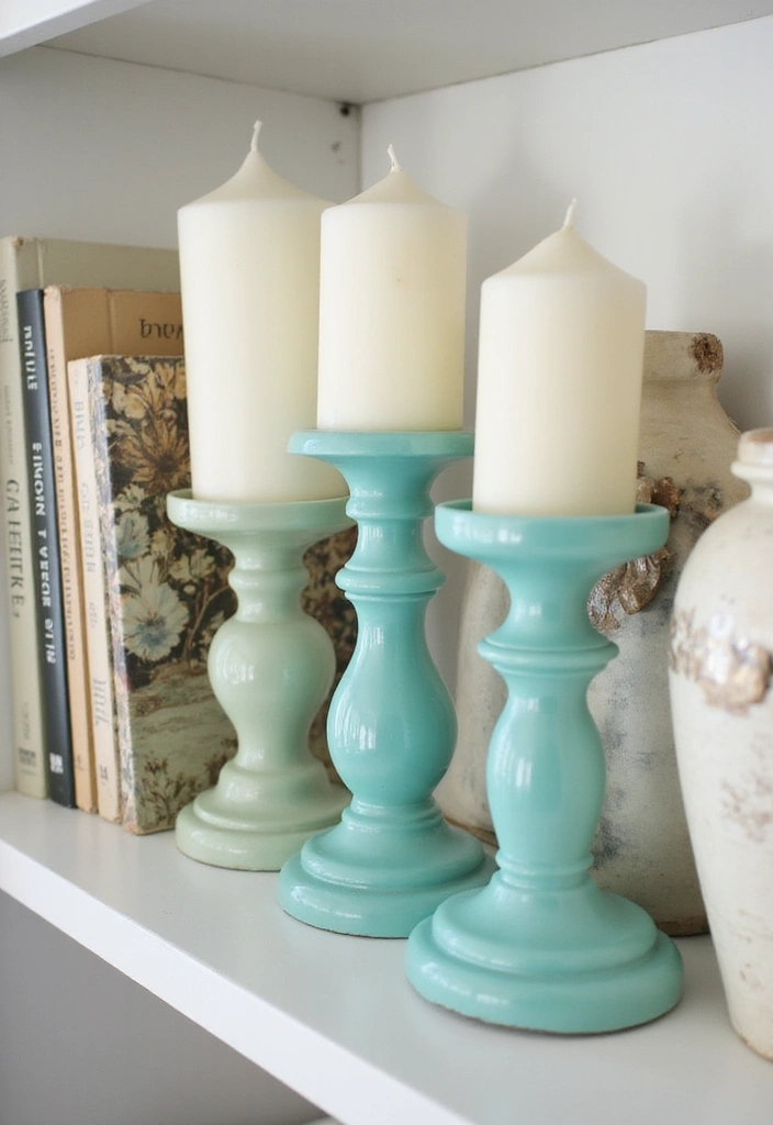 25 Turquoise Candle Holder Decor Ideas That Pop with Color 15 25 Turquoise Candle Holder Decor Ideas That Pop with Color - 7. Layered Shelf Styling