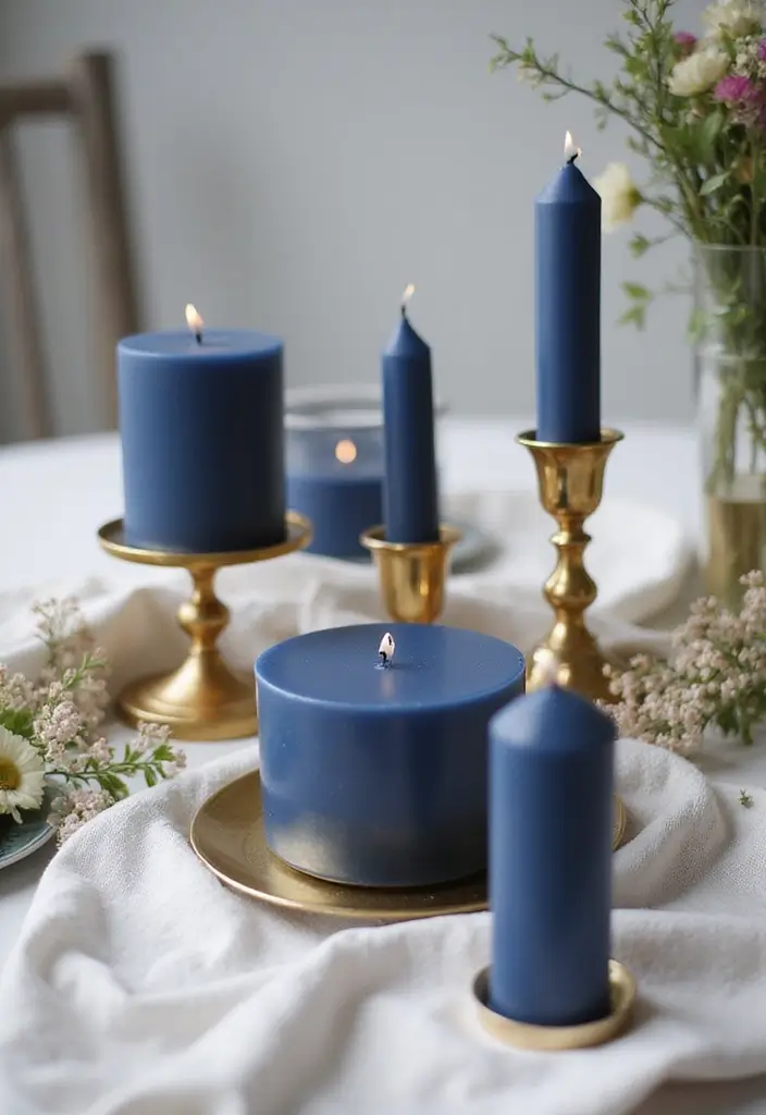 26 Navy Blue Candle Decor Ideas That Look Sophisticated 1 26 Navy Blue Candle Decor Ideas That Look Sophisticated - 1. Navy Blue Pillar Candles in Sleek Gold Holders