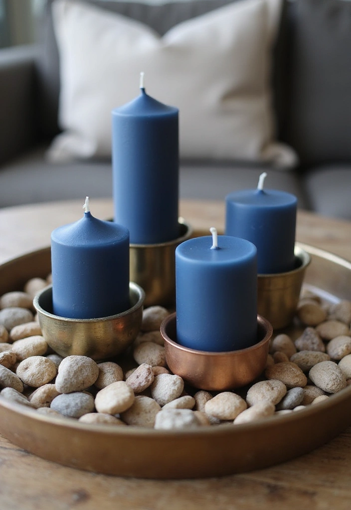 26 Navy Blue Candle Decor Ideas That Look Sophisticated 26 26 Navy Blue Candle Decor Ideas That Look Sophisticated - 10. Candles in a Tray with Mixed Metal Holders