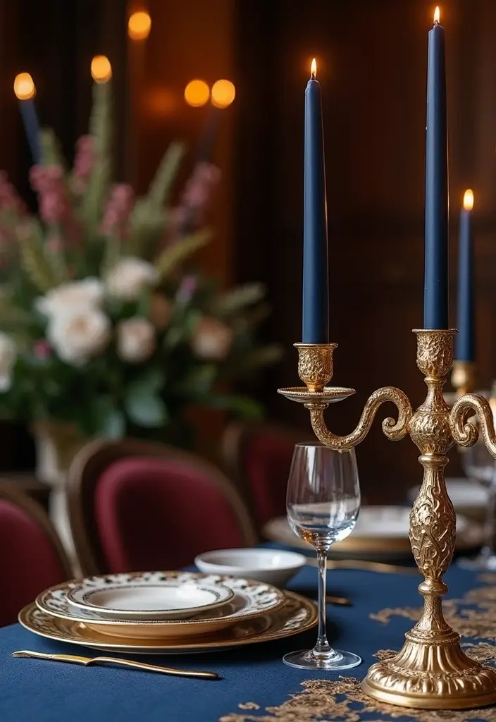 26 Navy Blue Candle Decor Ideas That Look Sophisticated 33 26 Navy Blue Candle Decor Ideas That Look Sophisticated - 11. Navy Blue and Gold Candelabra Display
