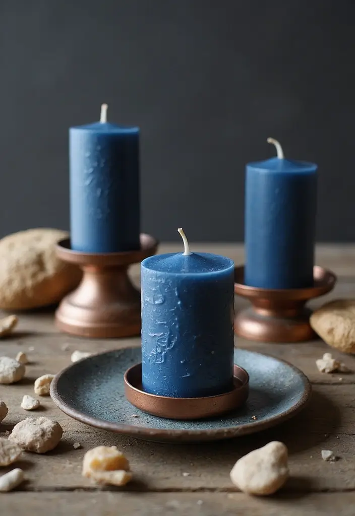 26 Navy Blue Candle Decor Ideas That Look Sophisticated 41 26 Navy Blue Candle Decor Ideas That Look Sophisticated - 13. Navy Blue Candles in Textured Metal Holders