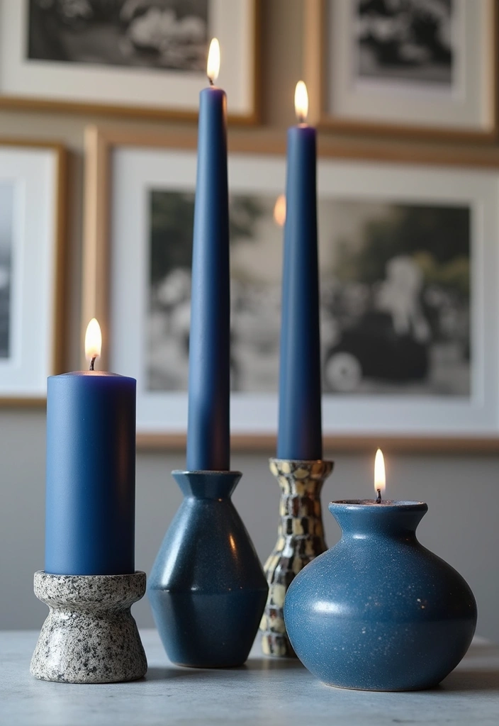 26 Navy Blue Candle Decor Ideas That Look Sophisticated 43 26 Navy Blue Candle Decor Ideas That Look Sophisticated - 15. Navy Blue Candles in Artistic Holders