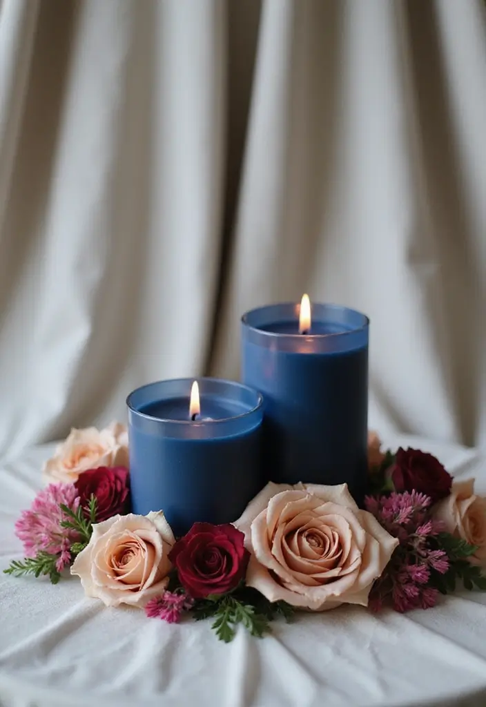 26 Navy Blue Candle Decor Ideas That Look Sophisticated 44 26 Navy Blue Candle Decor Ideas That Look Sophisticated - 16. Navy Blue Candles with Floral Accents