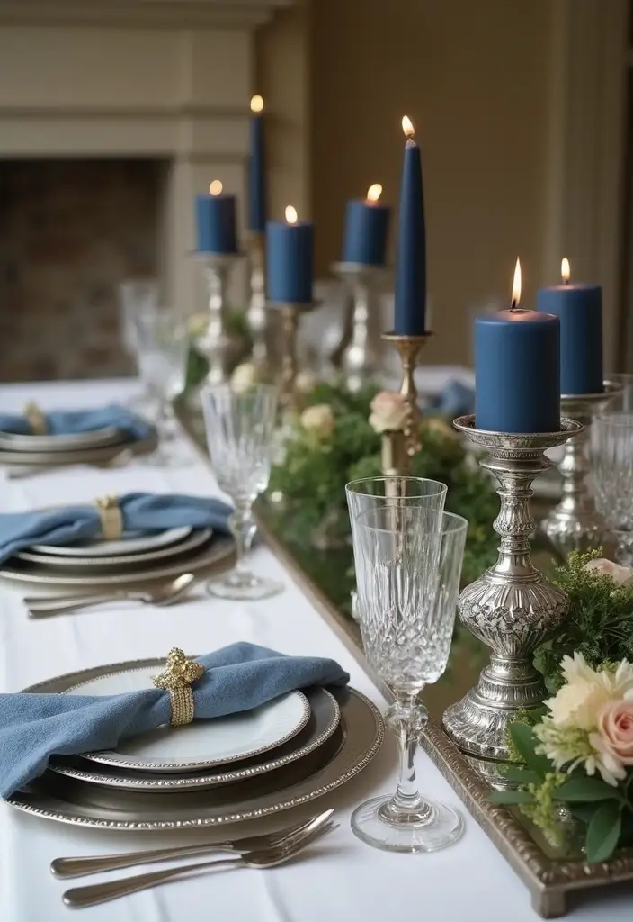 26 Navy Blue Candle Decor Ideas That Look Sophisticated 8 26 Navy Blue Candle Decor Ideas That Look Sophisticated - 2. Vintage Silver Candle Holders with Navy Blue Accents