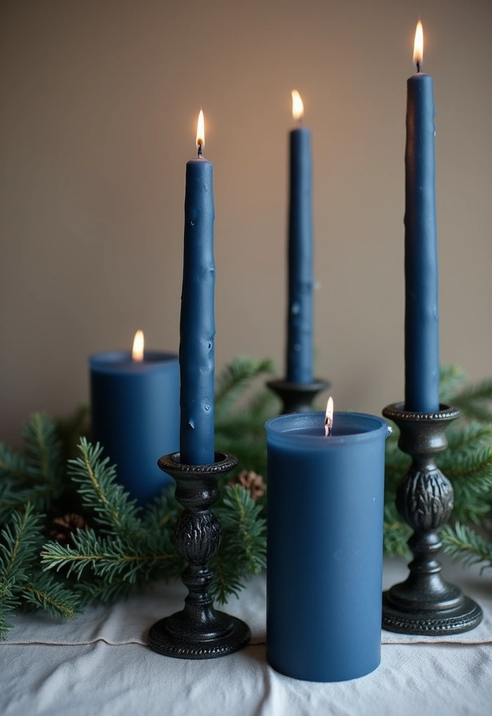 26 Navy Blue Candle Decor Ideas That Look Sophisticated 51 26 Navy Blue Candle Decor Ideas That Look Sophisticated - 21. Navy Blue Candles for Holiday Decor