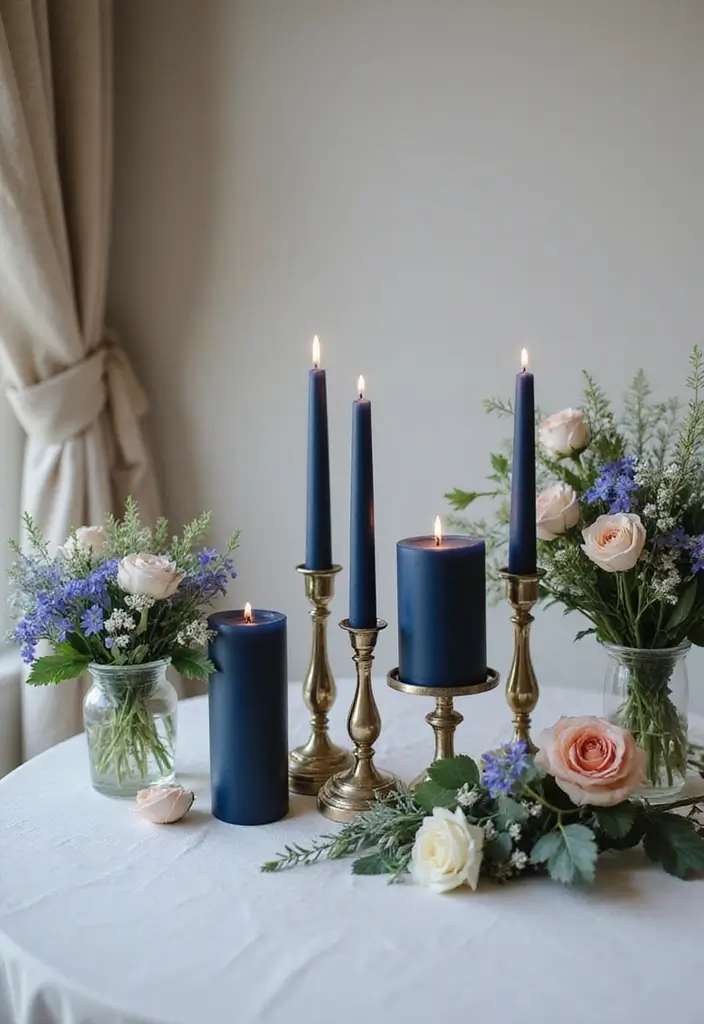 26 Navy Blue Candle Decor Ideas That Look Sophisticated 63 26 Navy Blue Candle Decor Ideas That Look Sophisticated - 23. Navy Blue Candles for Wedding Decor