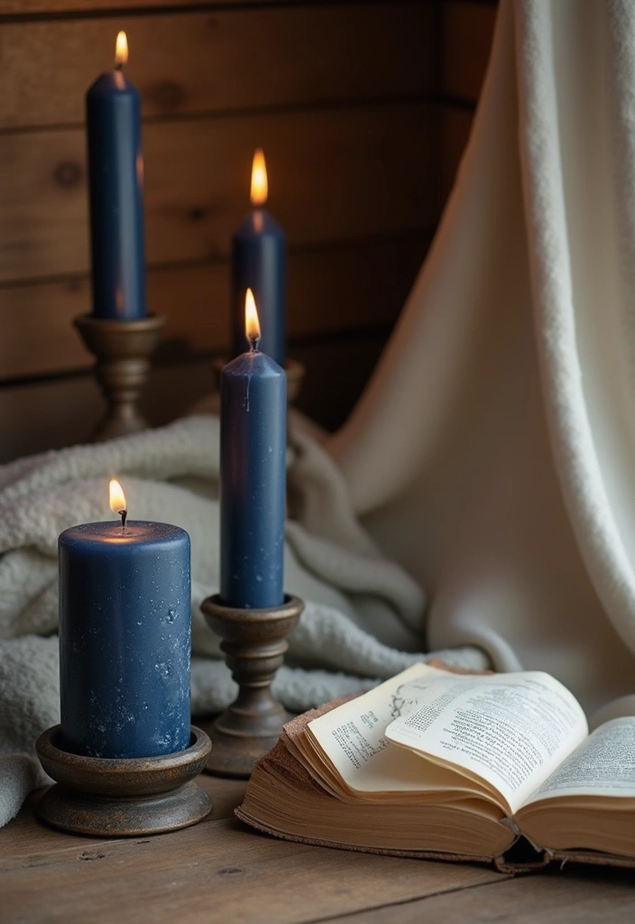 26 Navy Blue Candle Decor Ideas That Look Sophisticated 16 26 Navy Blue Candle Decor Ideas That Look Sophisticated - 4. Rustic Navy Candles in Wrought Iron Holders