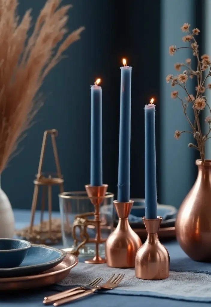 26 Navy Blue Candle Decor Ideas That Look Sophisticated 19 26 Navy Blue Candle Decor Ideas That Look Sophisticated - 5. Elegant Navy Blue and Brushed Copper Duo