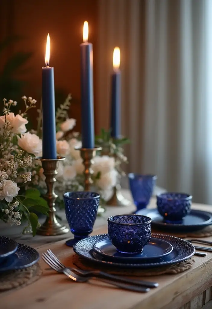 26 Navy Blue Candle Decor Ideas That Look Sophisticated 22 26 Navy Blue Candle Decor Ideas That Look Sophisticated - 6. Navy Blue Glass Candles in Metal Holders