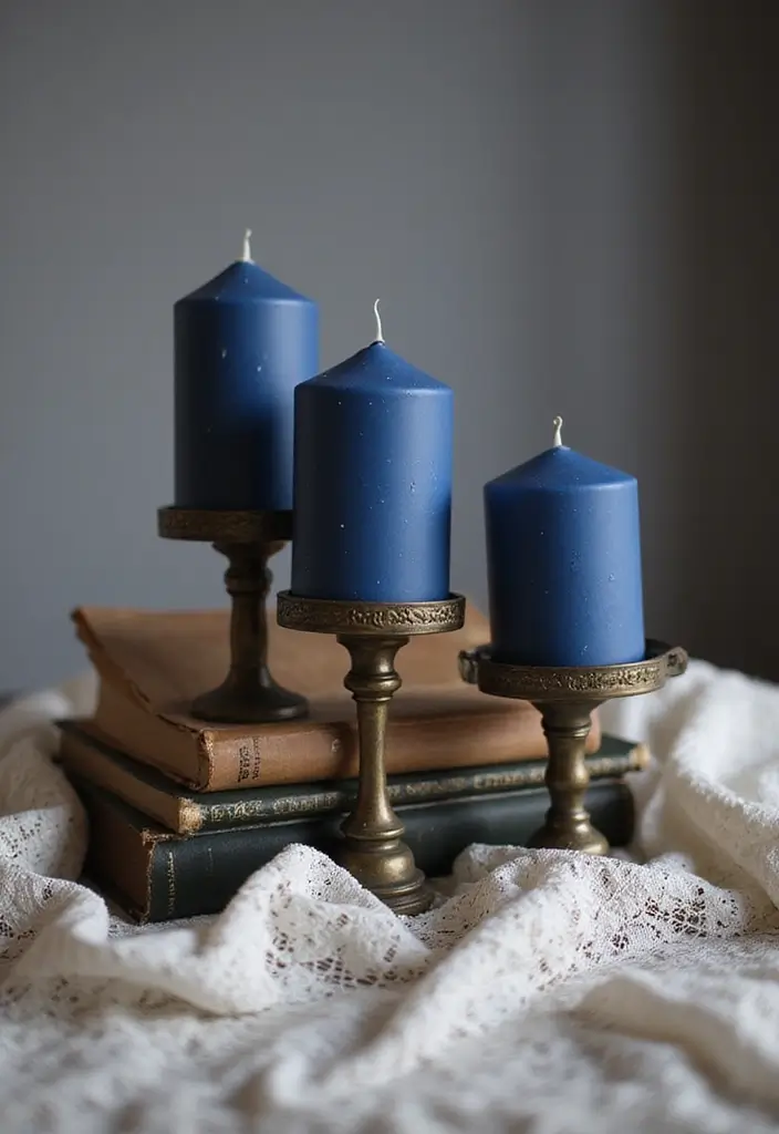 26 Navy Blue Candle Decor Ideas That Look Sophisticated 24 26 Navy Blue Candle Decor Ideas That Look Sophisticated - 8. Navy Blue Candles in Antique Bronze Holders