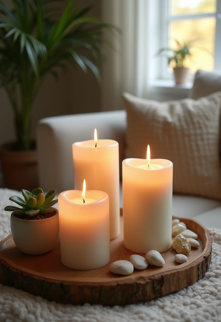 27 Candle Decor Ideas for Coffee Tables That Elevate the Room 1 27 Candle Decor Ideas for Coffee Tables That Elevate the Room - 1. Rustic Wood Tray Arrangement