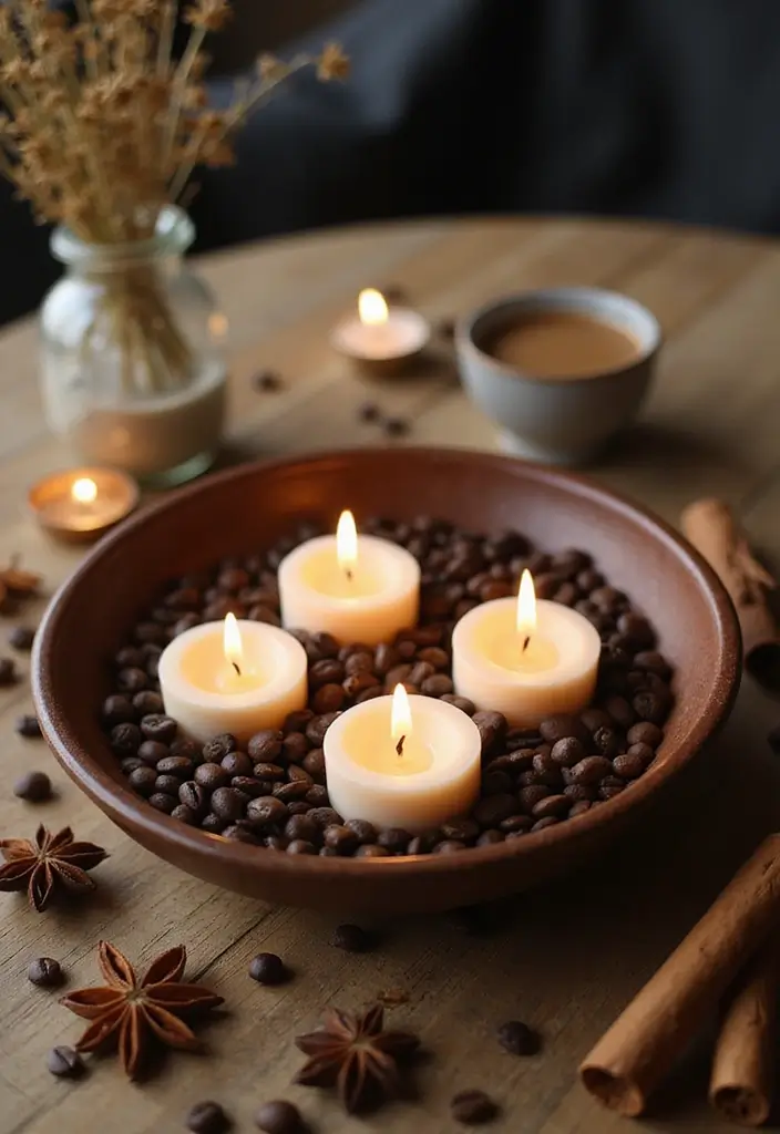 27 Candle Decor Ideas for Coffee Tables That Elevate the Room 59 27 Candle Decor Ideas for Coffee Tables That Elevate the Room - 15. Candle in a Bowl of Coffee Beans