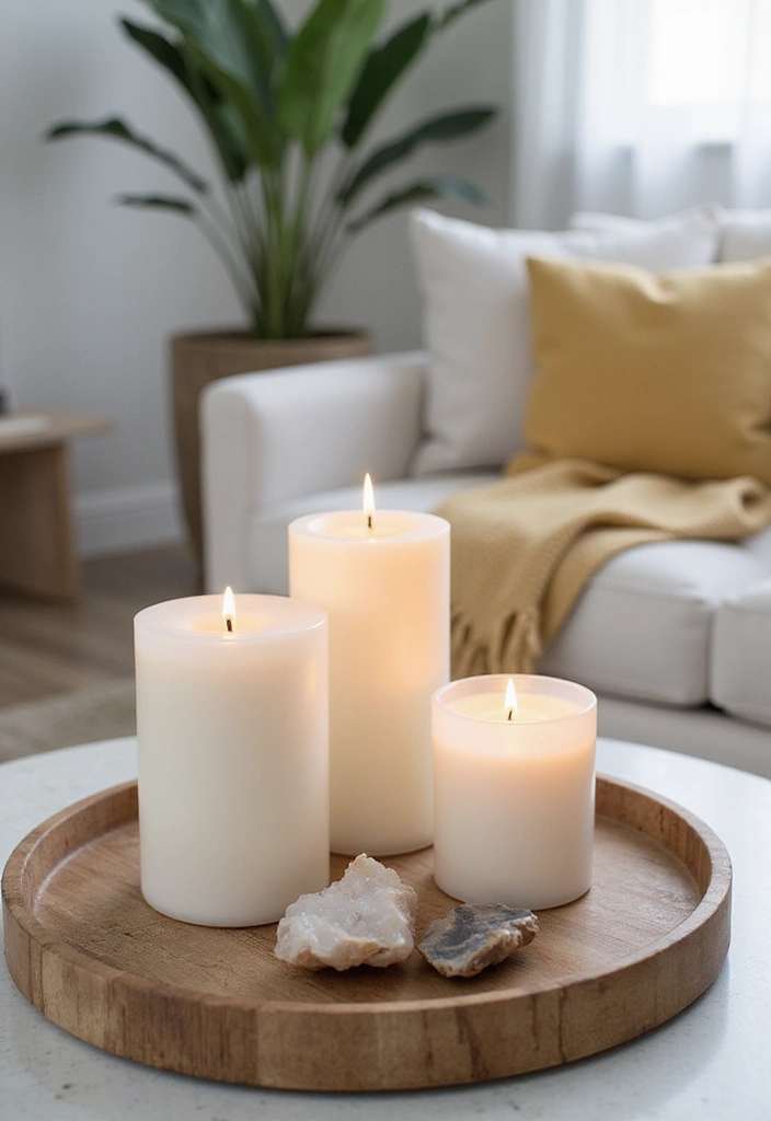 27 Candle Decor Ideas for Coffee Tables That Elevate the Room 67 27 Candle Decor Ideas for Coffee Tables That Elevate the Room - 17. Candle with Natural Stone Accents
