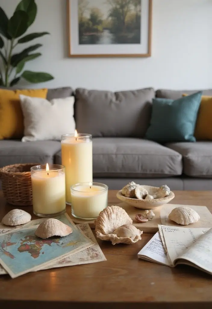 27 Candle Decor Ideas for Coffee Tables That Elevate the Room 71 27 Candle Decor Ideas for Coffee Tables That Elevate the Room - 21. Candle with Travel Mementos