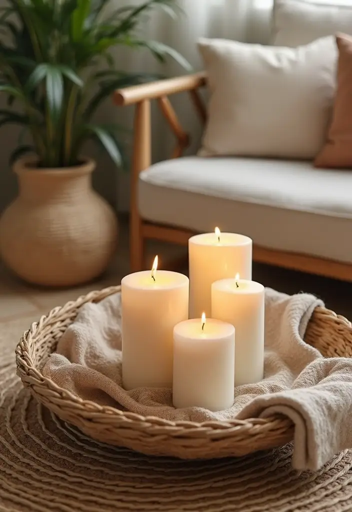 27 Candle Decor Ideas for Coffee Tables That Elevate the Room 73 27 Candle Decor Ideas for Coffee Tables That Elevate the Room - 23. Candle and Textile Combo