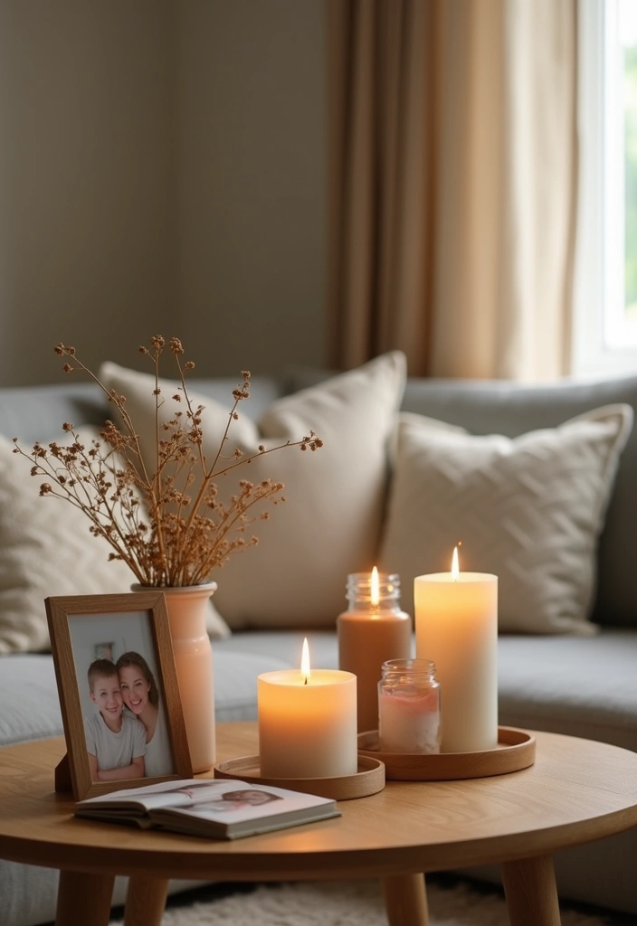 27 Candle Decor Ideas for Coffee Tables That Elevate the Room 77 27 Candle Decor Ideas for Coffee Tables That Elevate the Room - 27. Candle with Family Photos