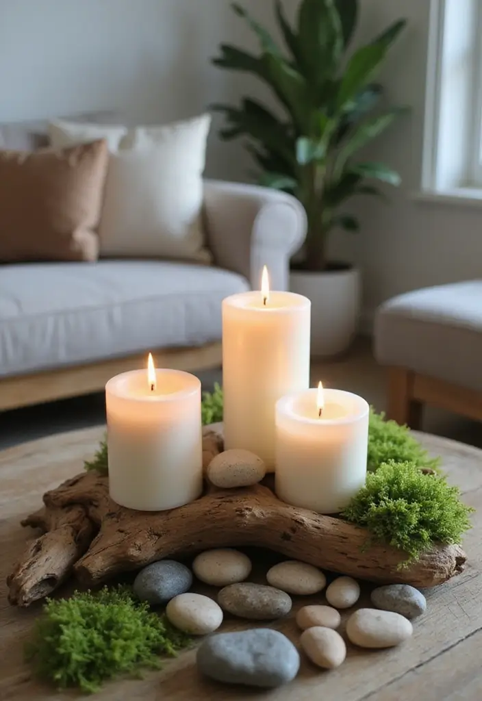 27 Candle Decor Ideas for Coffee Tables That Elevate the Room 18 27 Candle Decor Ideas for Coffee Tables That Elevate the Room - 4. Candles and Natural Elements