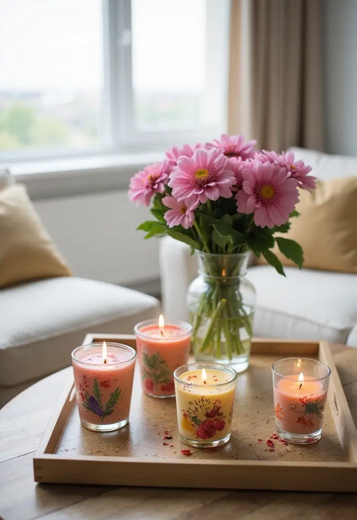 27 Candle Decor Ideas for Coffee Tables That Elevate the Room 39 27 Candle Decor Ideas for Coffee Tables That Elevate the Room - 9. Vibrant Floral Candles
