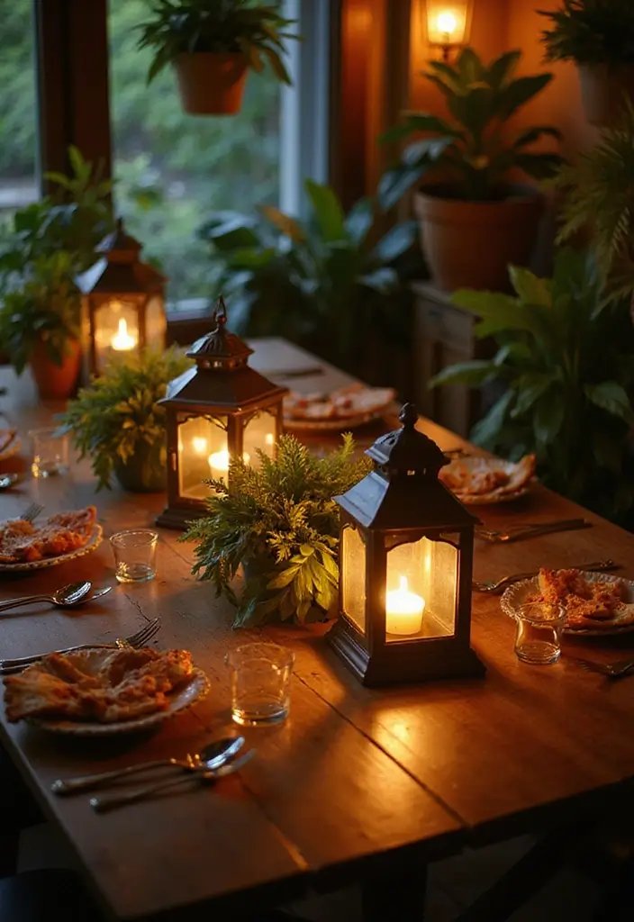 27 Candlestick Decor Ideas for Dining Tables That Impress Guests 62 27 Candlestick Decor Ideas for Dining Tables That Impress Guests - 18. Candlelit Lanterns with Plants