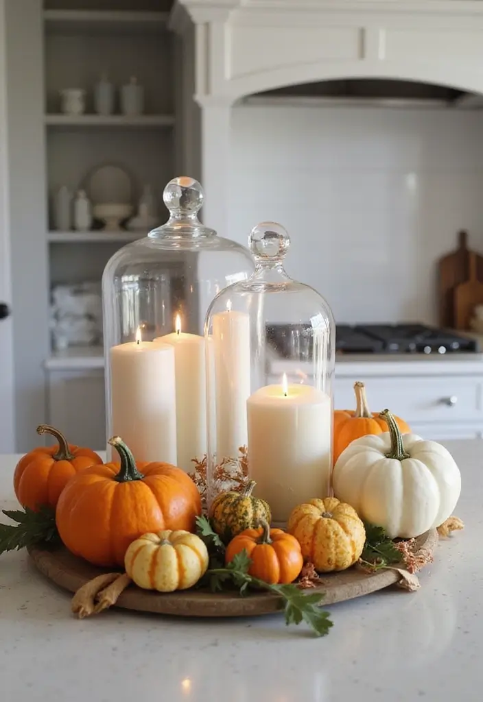 27 Fall Kitchen Decor Ideas with Pumpkins and Candles You’ll Love 22 27 Fall Kitchen Decor Ideas with Pumpkins and Candles You’ll Love - 10. Pumpkin and Candle Cloche Displays