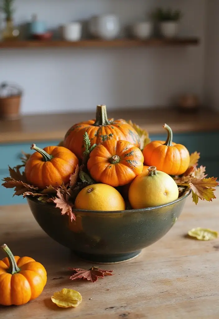 27 Fall Kitchen Decor Ideas with Pumpkins and Candles You’ll Love 29 27 Fall Kitchen Decor Ideas with Pumpkins and Candles You’ll Love - 11. Fall Fruit Bowl with Pumpkin Accents