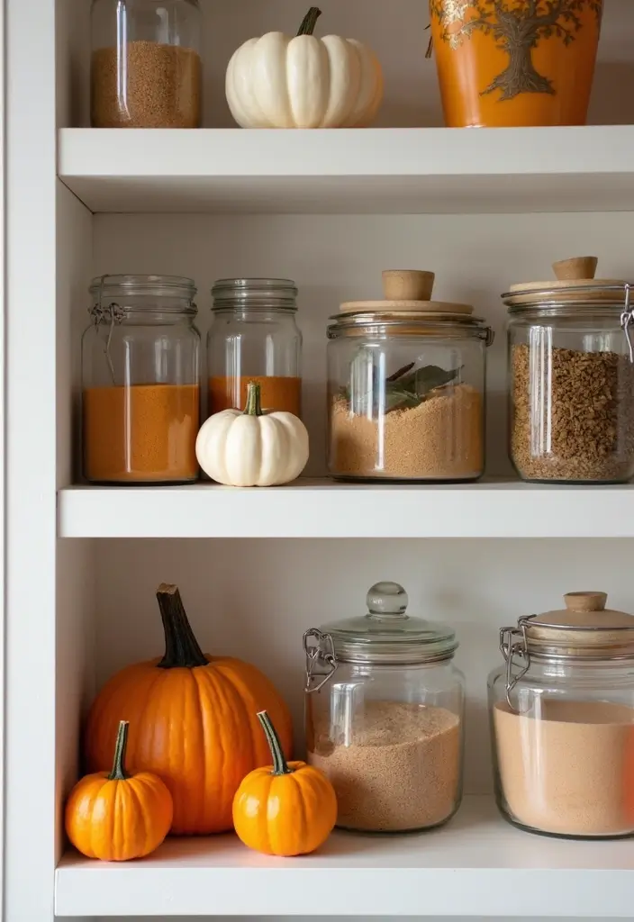 27 Fall Kitchen Decor Ideas with Pumpkins and Candles You’ll Love 38 27 Fall Kitchen Decor Ideas with Pumpkins and Candles You’ll Love - 14. Pumpkin Spice Arrangement on the Shelf