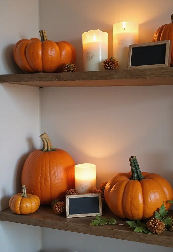 27 Fall Kitchen Decor Ideas with Pumpkins and Candles You’ll Love 45 27 Fall Kitchen Decor Ideas with Pumpkins and Candles You’ll Love - 17. Pumpkin and Candle Shelf Talkers