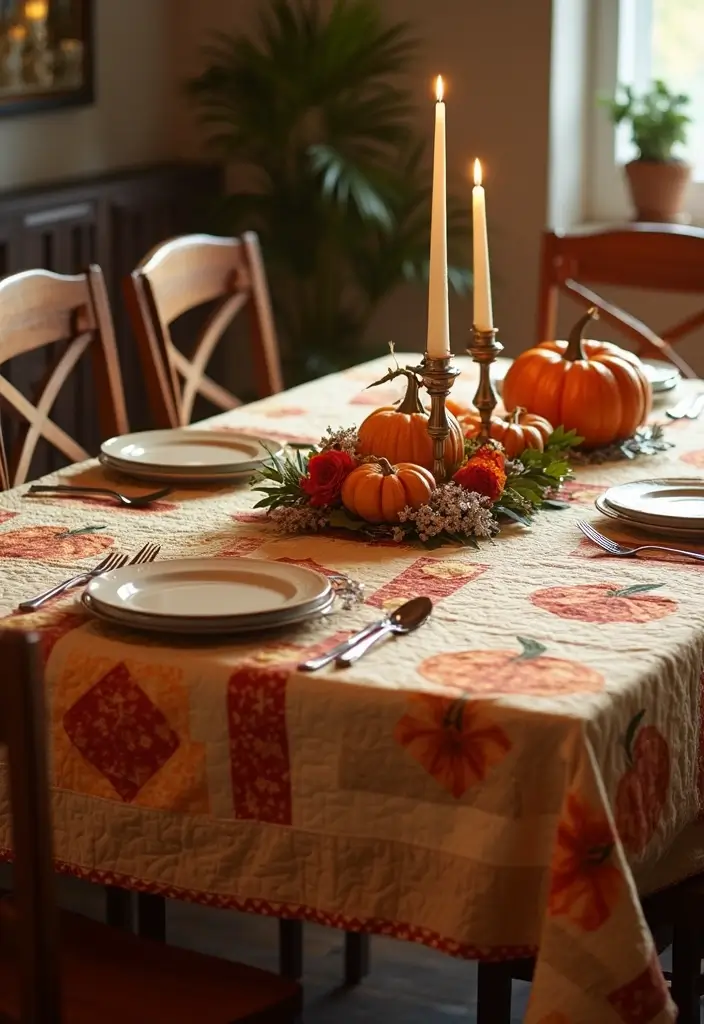 27 Fall Kitchen Decor Ideas with Pumpkins and Candles You’ll Love 47 27 Fall Kitchen Decor Ideas with Pumpkins and Candles You’ll Love - 19. Pumpkin Quilted Tablecloth