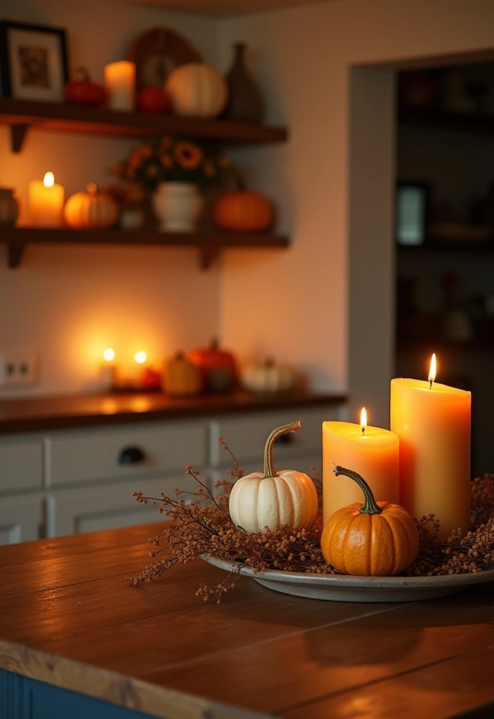 27 Fall Kitchen Decor Ideas with Pumpkins and Candles You’ll Love 2 27 Fall Kitchen Decor Ideas with Pumpkins and Candles You’ll Love - 2. Candle-lit Pumpkin Vignettes