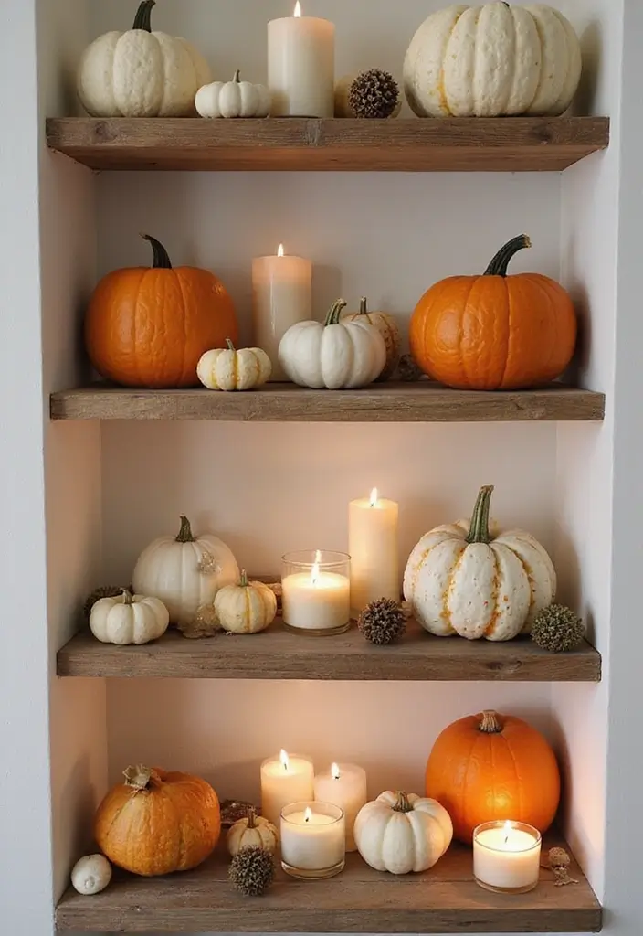 27 Fall Kitchen Decor Ideas with Pumpkins and Candles You’ll Love 56 27 Fall Kitchen Decor Ideas with Pumpkins and Candles You’ll Love - 22. Pumpkin and Candle Shelf Displays