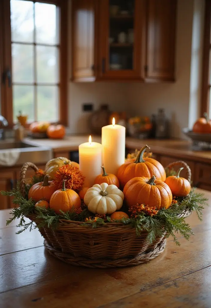 27 Fall Kitchen Decor Ideas with Pumpkins and Candles You’ll Love 68 27 Fall Kitchen Decor Ideas with Pumpkins and Candles You’ll Love - 26. Autumn Harvest Basket Display