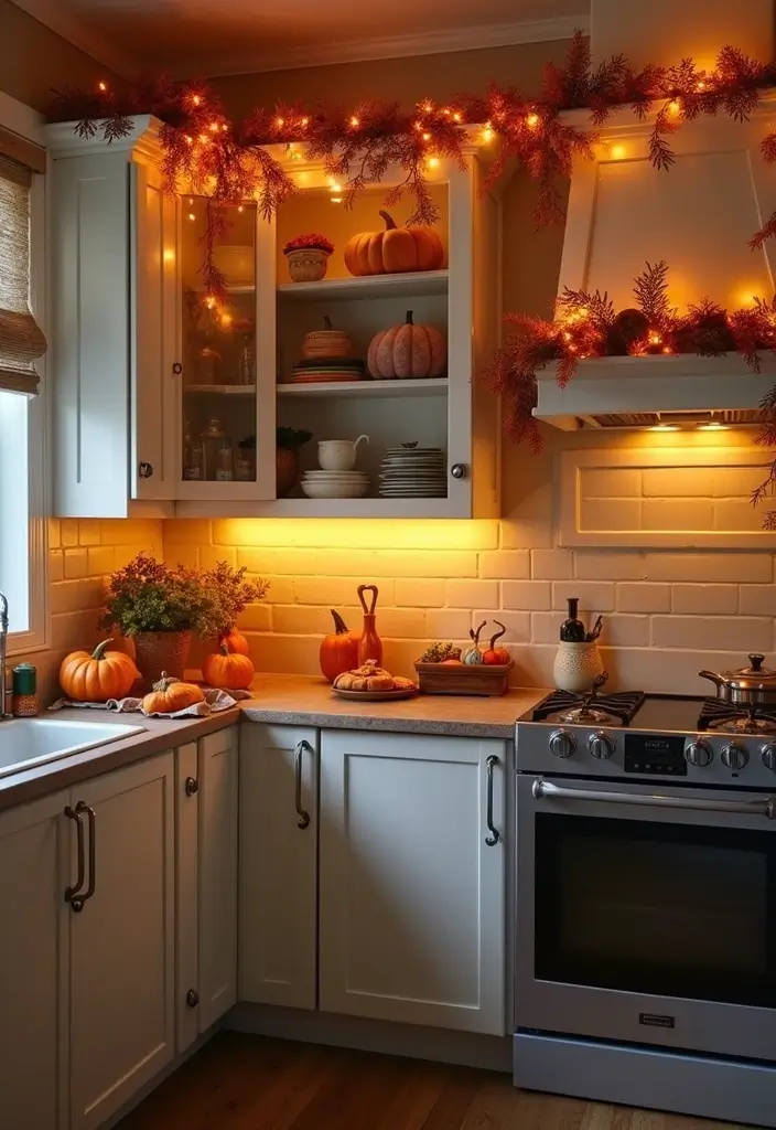 27 Fall Kitchen Decor Ideas with Pumpkins and Candles You’ll Love 11 27 Fall Kitchen Decor Ideas with Pumpkins and Candles You’ll Love - 5. Pumpkin Garland Over the Cabinets