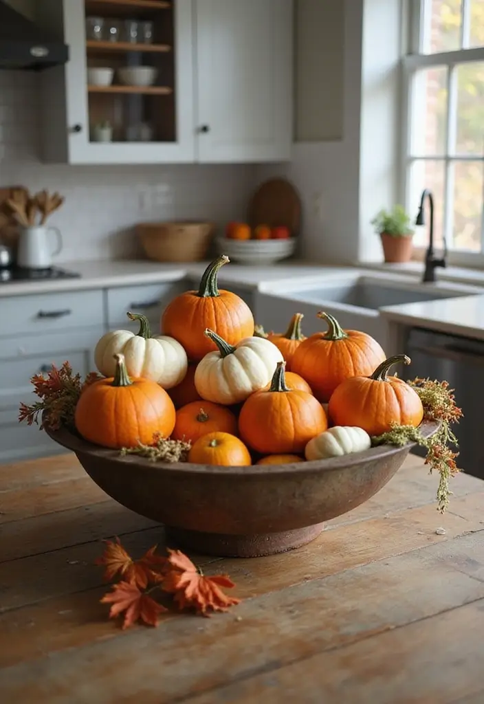 27 Fall Kitchen Decor Ideas with Pumpkins and Candles You’ll Love 12 27 Fall Kitchen Decor Ideas with Pumpkins and Candles You’ll Love - 6. Rustic Pumpkin Bowl on the Island